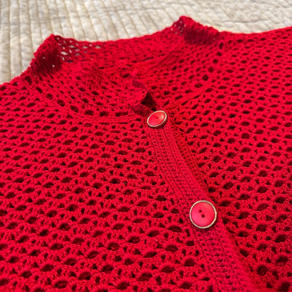 Grandma core vintage red crocheted Sweater, button up (Estate sale find)